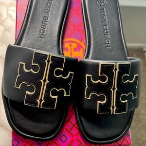 Authentic Tory Burch slides black and gold